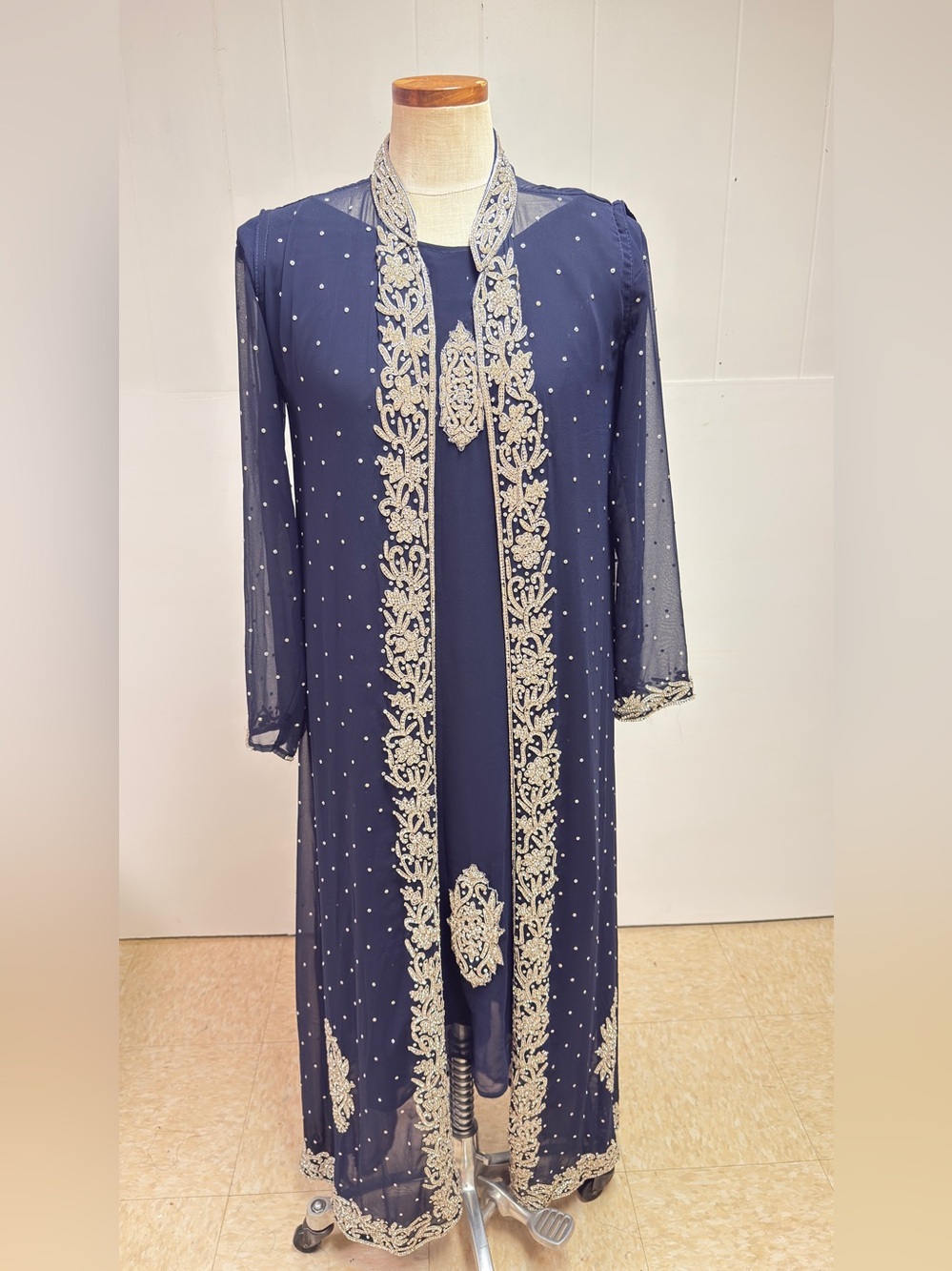 Women's Navy Embroidered Sheer Evening Coat